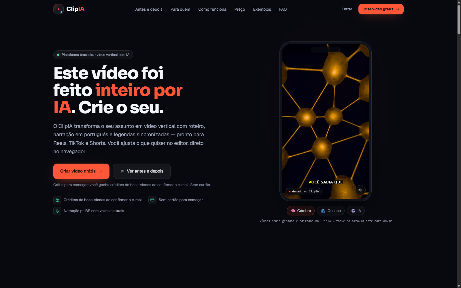 Clipia — página do produto: geração de vídeos curtos com IA